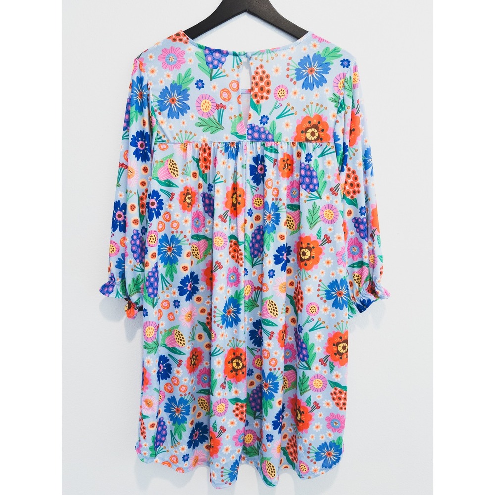 The ZigZag Stripe Floral Babydoll Dress Womens Medium Blue Whimsical Floral - Picture 2 of 8